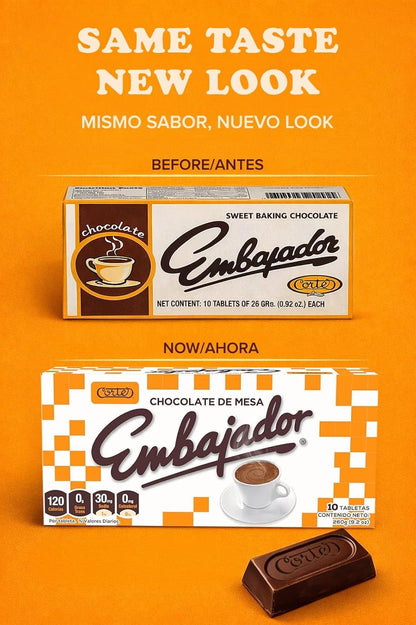 Comparison of Embajador chocolate packaging with text 'Same taste, new look' on an orange background.