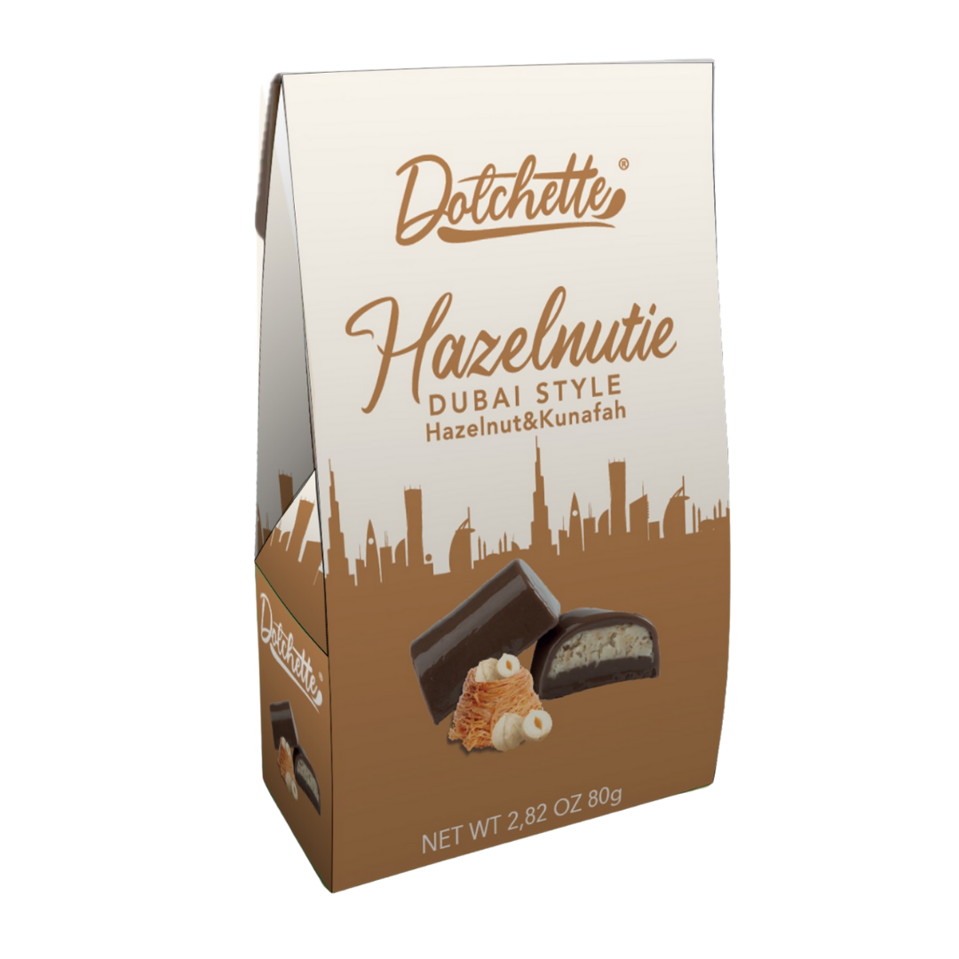 Barra de chocolate Dolchette Hazelnutie estilo Dubai con avellana y kunafah.