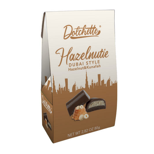 Barra de chocolate Dolchette Hazelnutie estilo Dubai con avellana y kunafah.