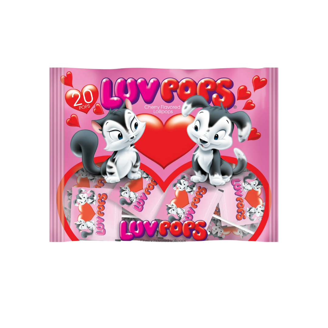 Bolsa de paletas de corazón Luv Pops sabor cereza con diseños de animales.