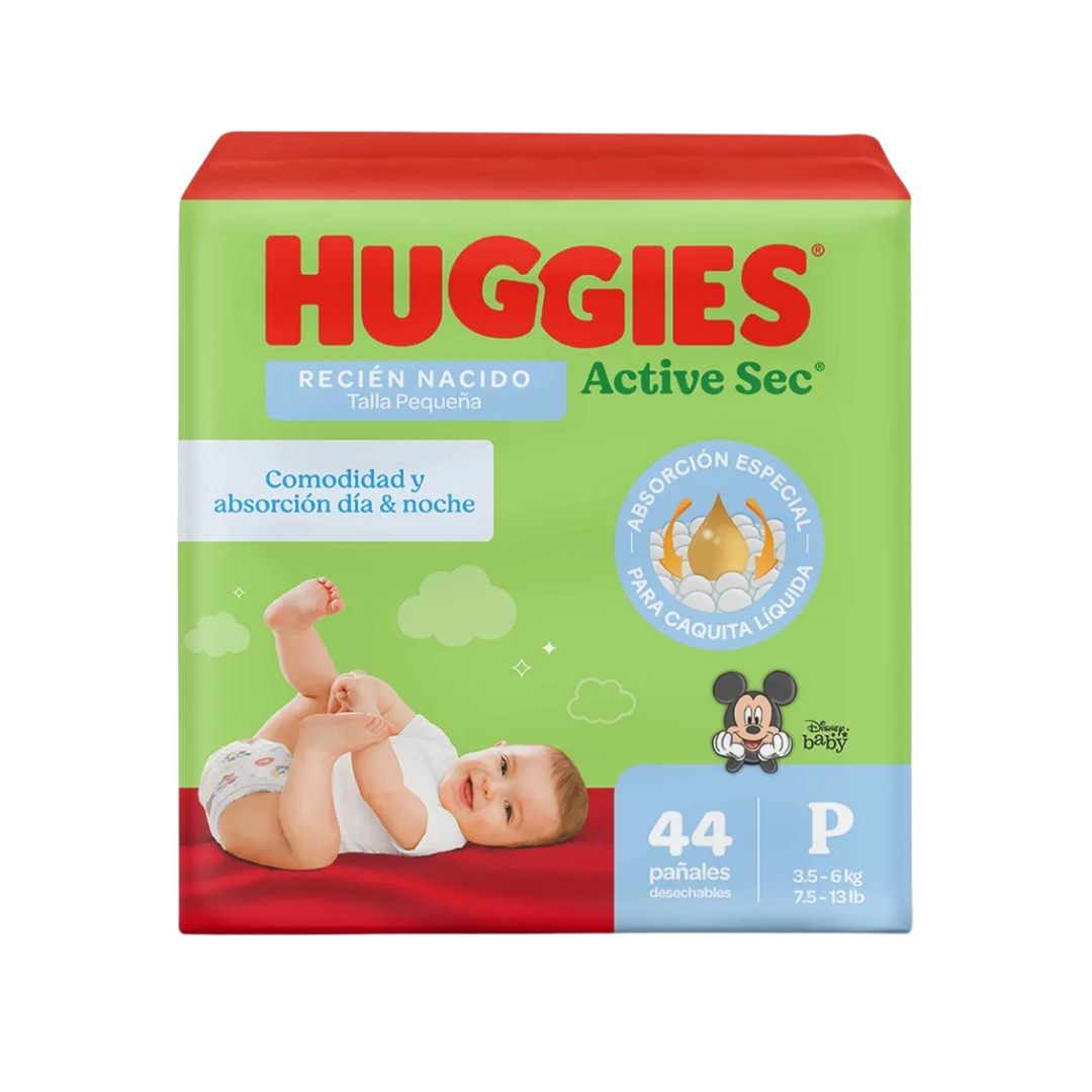 Paquete de pañales Huggies Active Sec talla P recién nacido con 44 unidades.