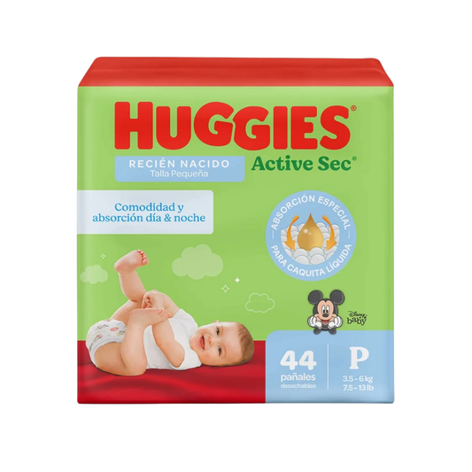Paquete de pañales Huggies Active Sec talla P recién nacido con 44 unidades.