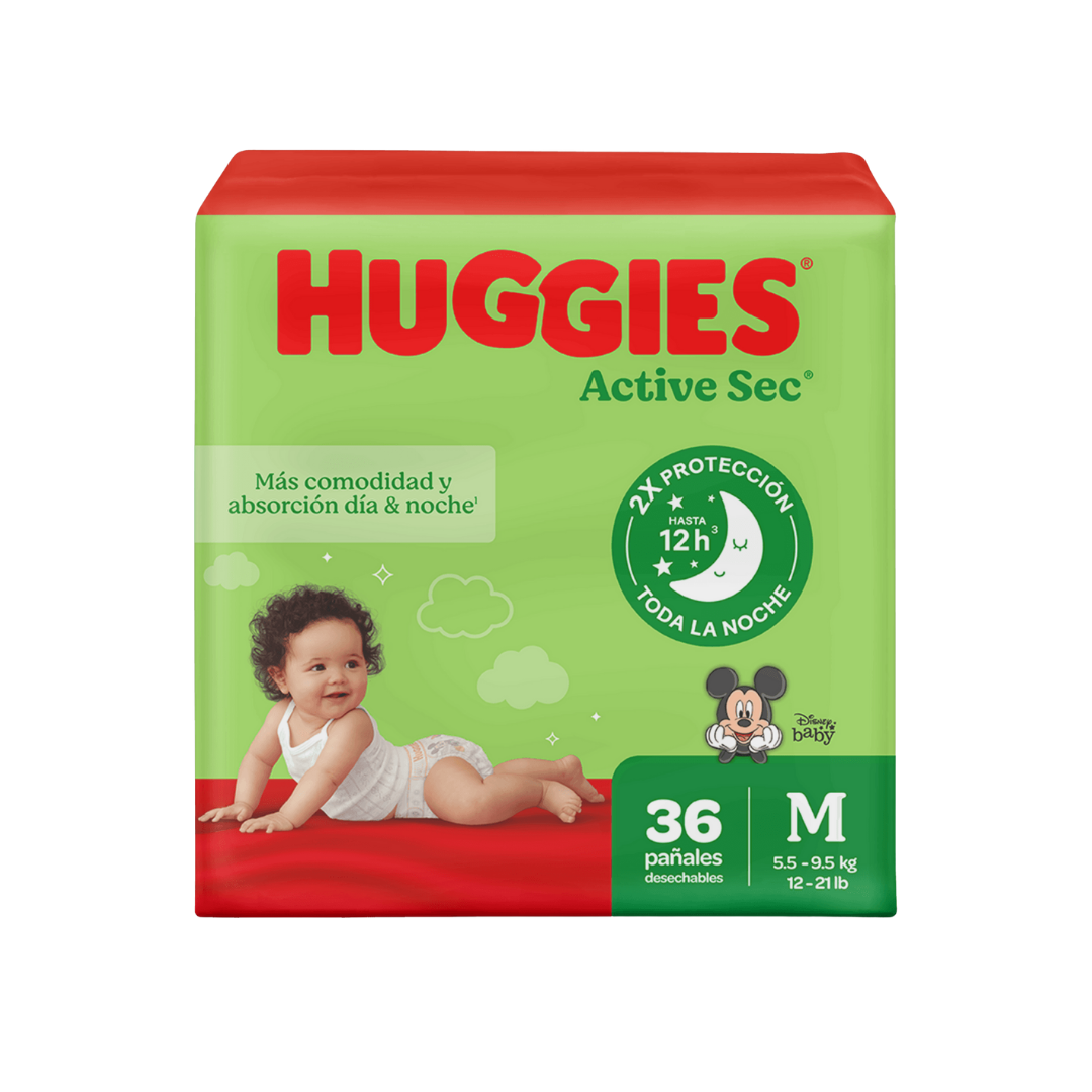 Pañales Huggies Active Sec talla M para bebés de 12 a 21 libras 36 unidades.