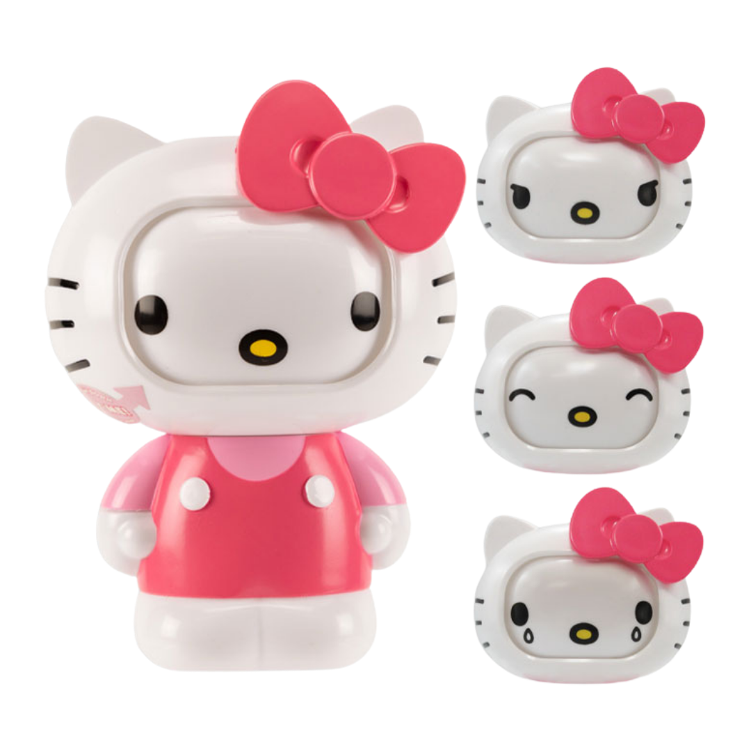 Dispensador de caramelos Hello Kitty con expresiones de humor intercambiables.