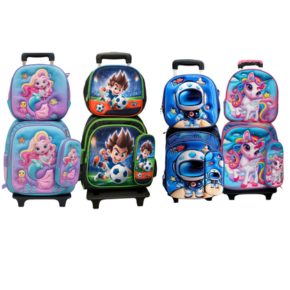 Set escolar de sirena con mochila de ruedas, lonchera y cartuchera en color rosado y azul.