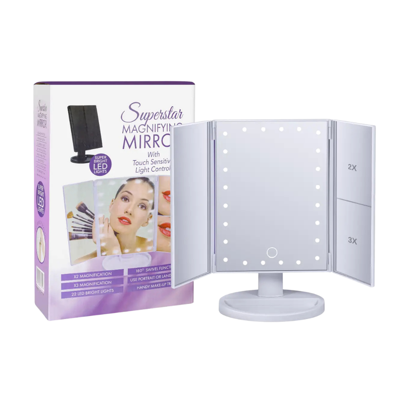 Superstar Tri-Fold LED Makeup Mirror with Magnification (White)