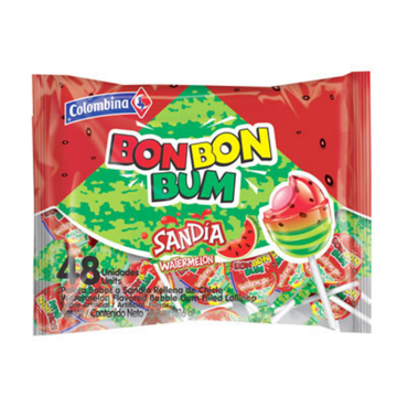 Bon Bon Bum Watermelon Lollipops 48ct, paletas con chicle sandía