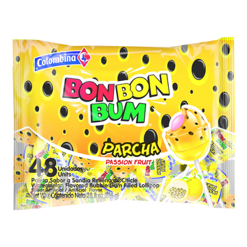 Bon Bon Bum Passion Fruit Lollipops 48ct, paletas con chicle parchita