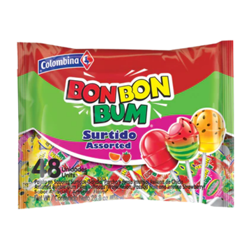 Bon Bon Bum Assorted Lollipops 48pc, paletas con chicle surtidas