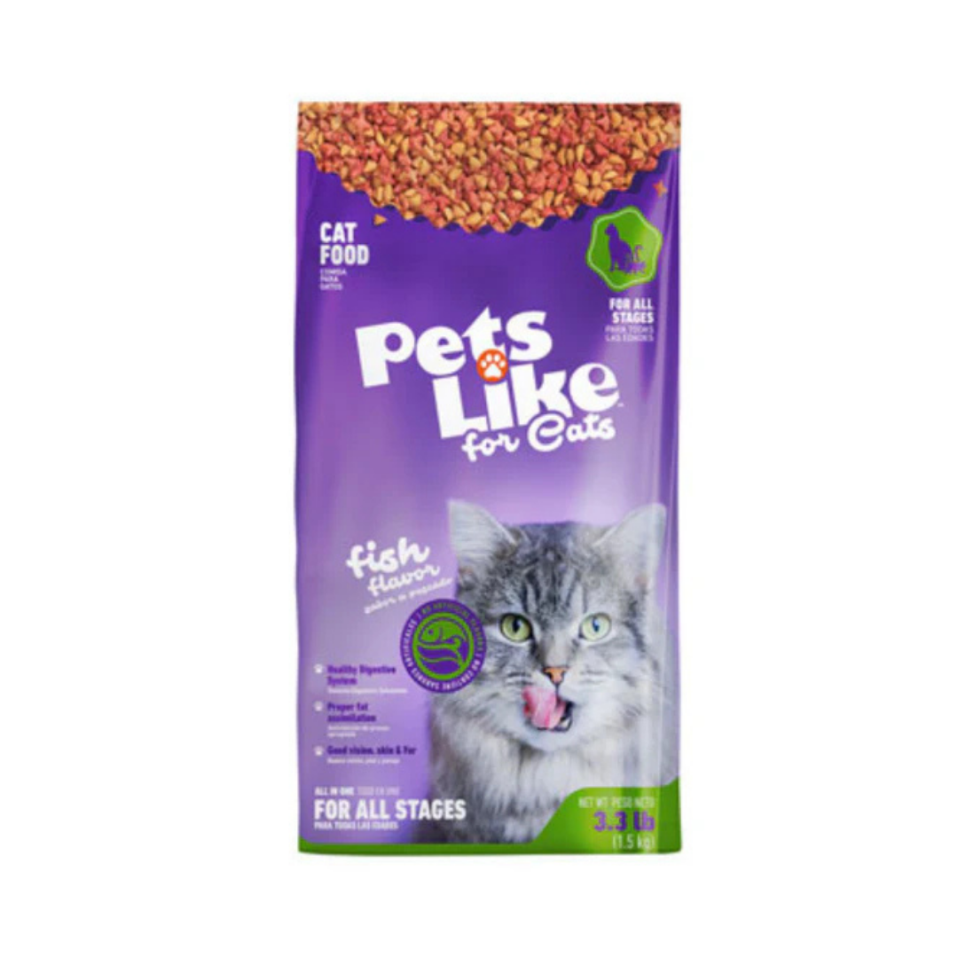Comida para gatos Pets Like sabor a pescado nutrición balanceada 3.3 libras.