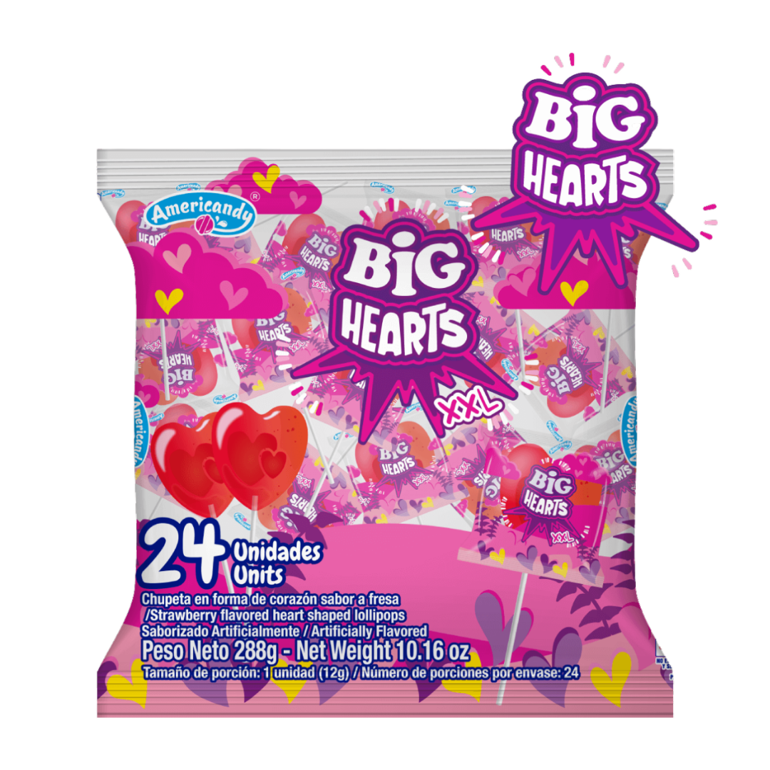 Paquete de 24 paletas Americandy Big Hearts XXL sabor fresa en forma de corazón.