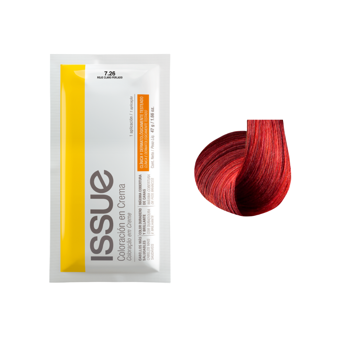 Tinte para cabello Issue Coloración en Crema tono 7.26 Rojo Cereza cobertura de canas.