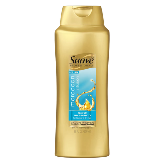 Suave Professionals Moroccan Infusion Shine Shampoo 28oz botella dorada