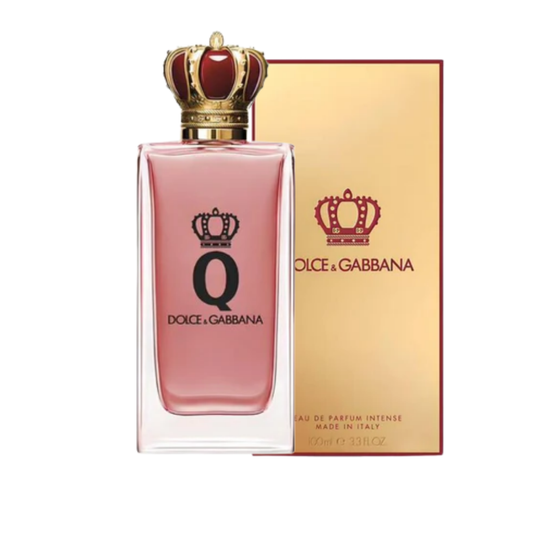 Perfume Q by Dolce & Gabbana Eau de Parfum Intense para mujer botella de 3.4oz con tapa de corona roja.