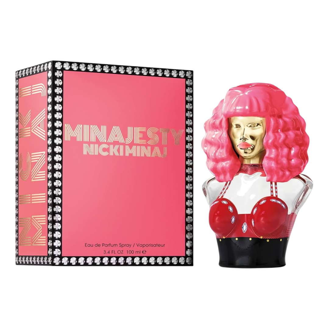 Perfume Nicki Minaj Minajesty para mujer botella de 3.4oz diseño busto con peluca rosa.