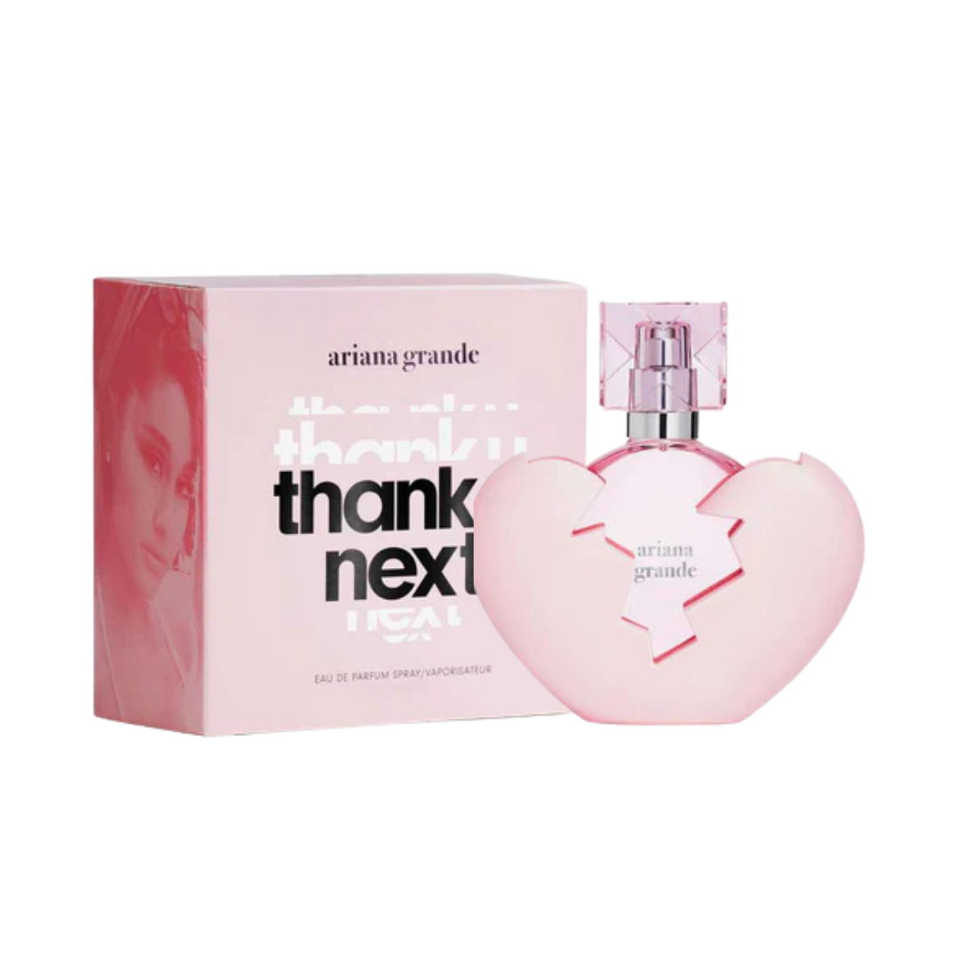 Perfume Ariana Grande Thank U Next para mujer botella de 3.4oz en forma de corazón roto.