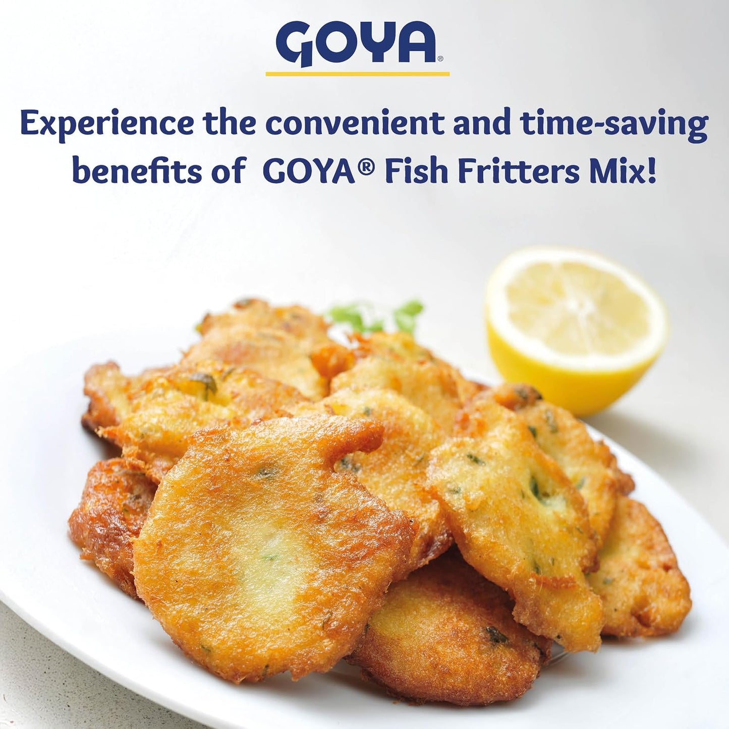 A plate of golden-brown fried fish fritters with a lemon half and green garnish, with the GOYA brand logo and promotional text at the top on a white background.