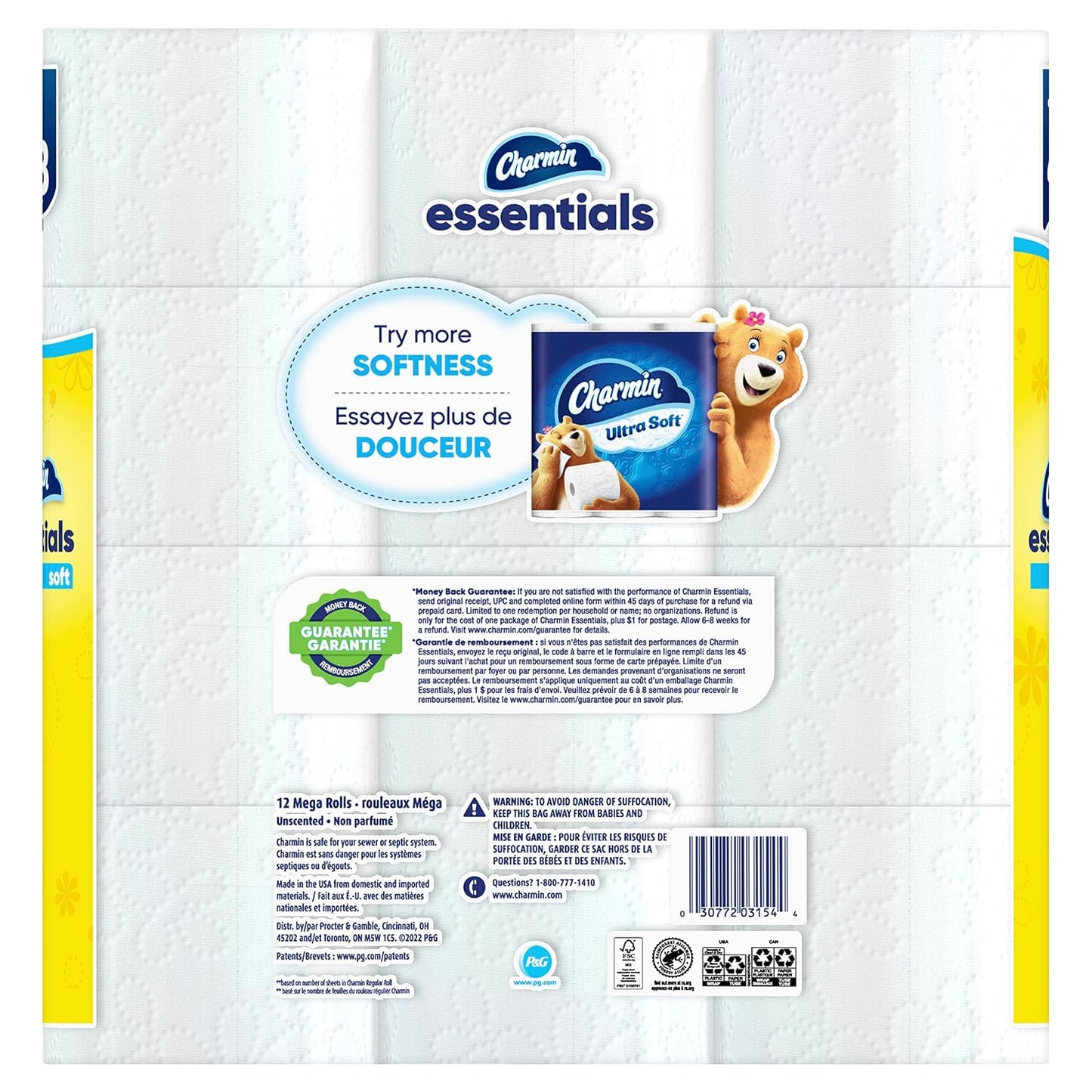 The back of a Charmin Essentials paper towel package, showing product information, a bear mascot graphic, and a barcode on a white background.