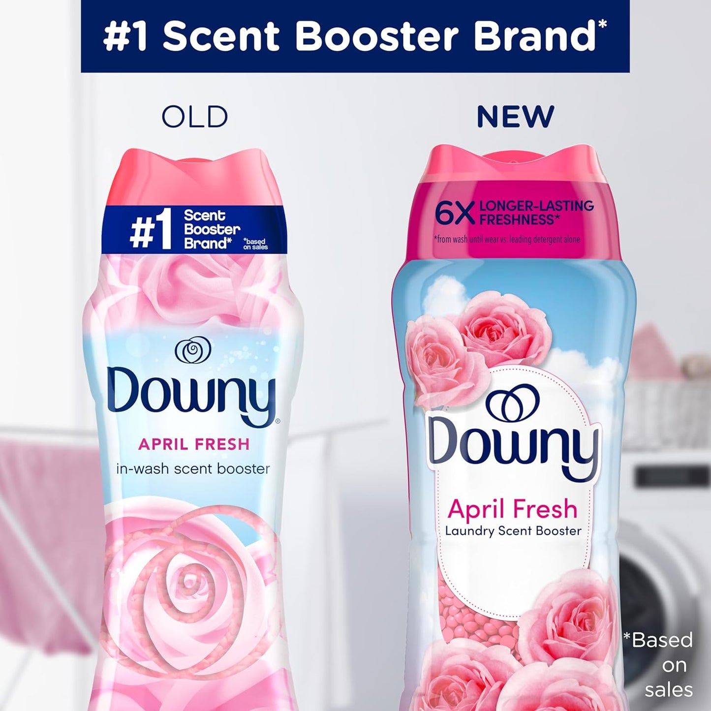 Two bottles of Downy April Fresh laundry scent booster with a focus on branding and product comparison.
