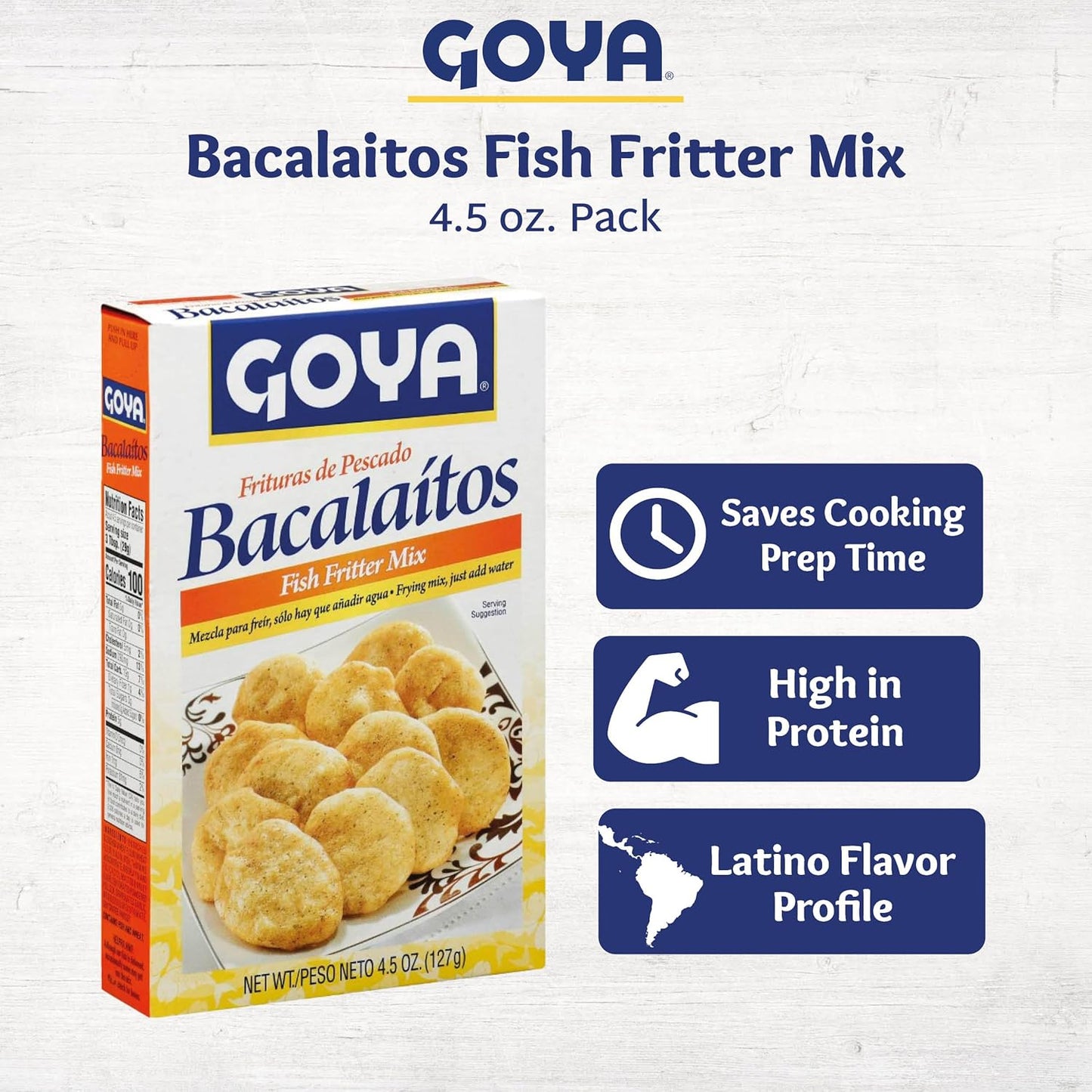 Goya Bacalaitos Fish Fritter Mix 4.5 oz pack shown on a white textured background with promotional text and three blue feature icons on the right.