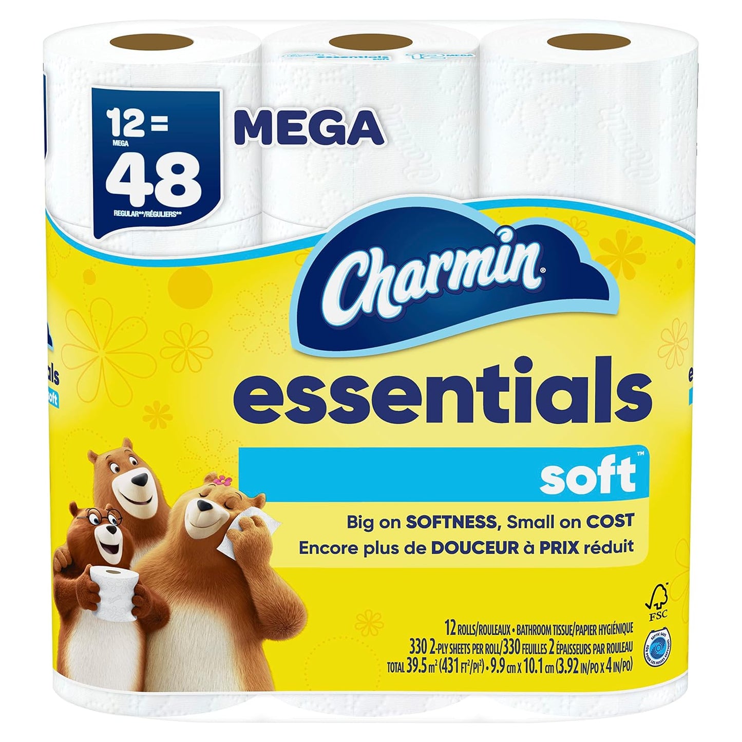 Charmin Essentials Soft paper towel roll pack, 12-count Mega size. The packaging features a bright yellow background with the blue and white Charmin logo, cartoon bear characters, and text highlighting softness and cost-effectiveness.