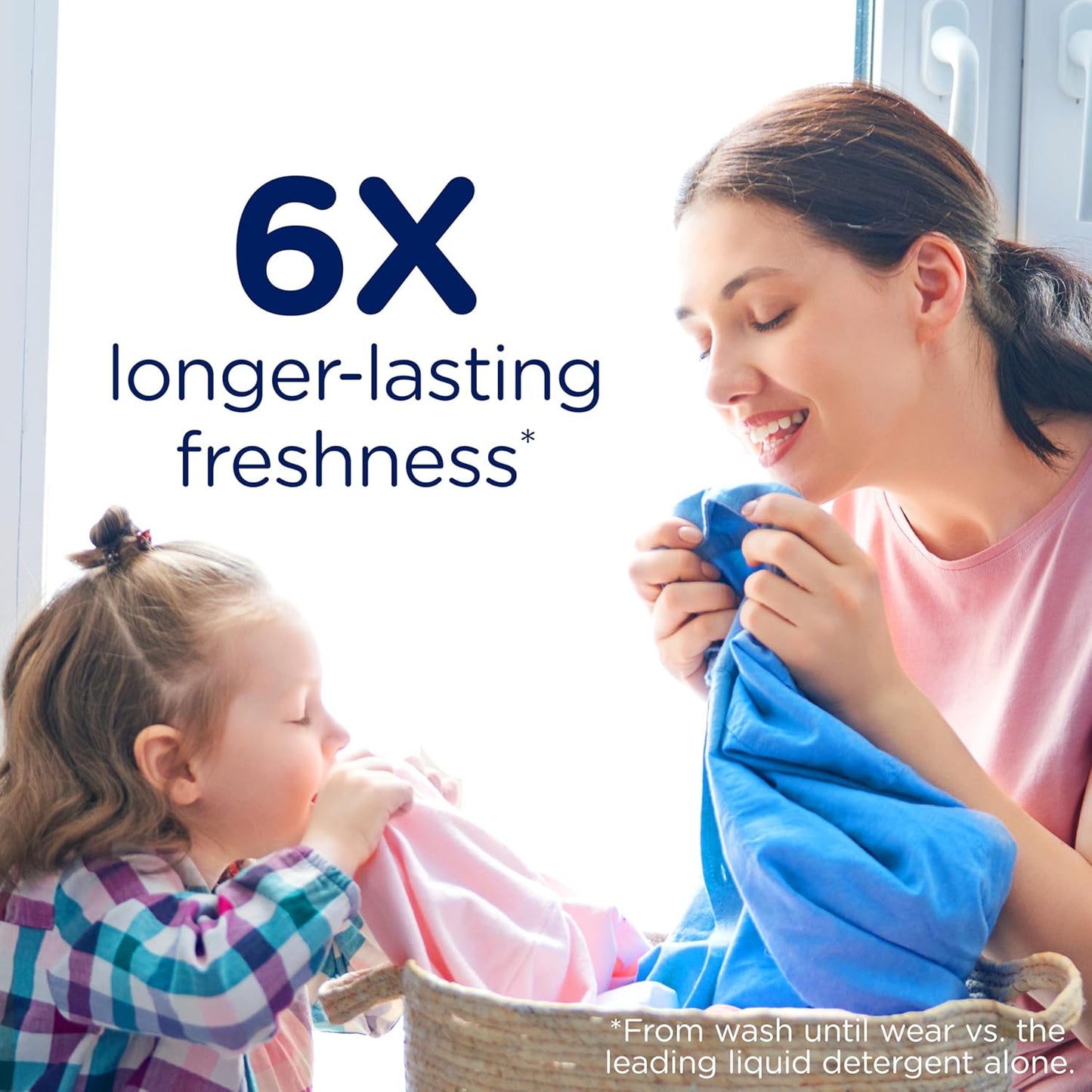 Woman and child with a blue towel, emphasizing 6x longer-lasting freshness with text overlay.