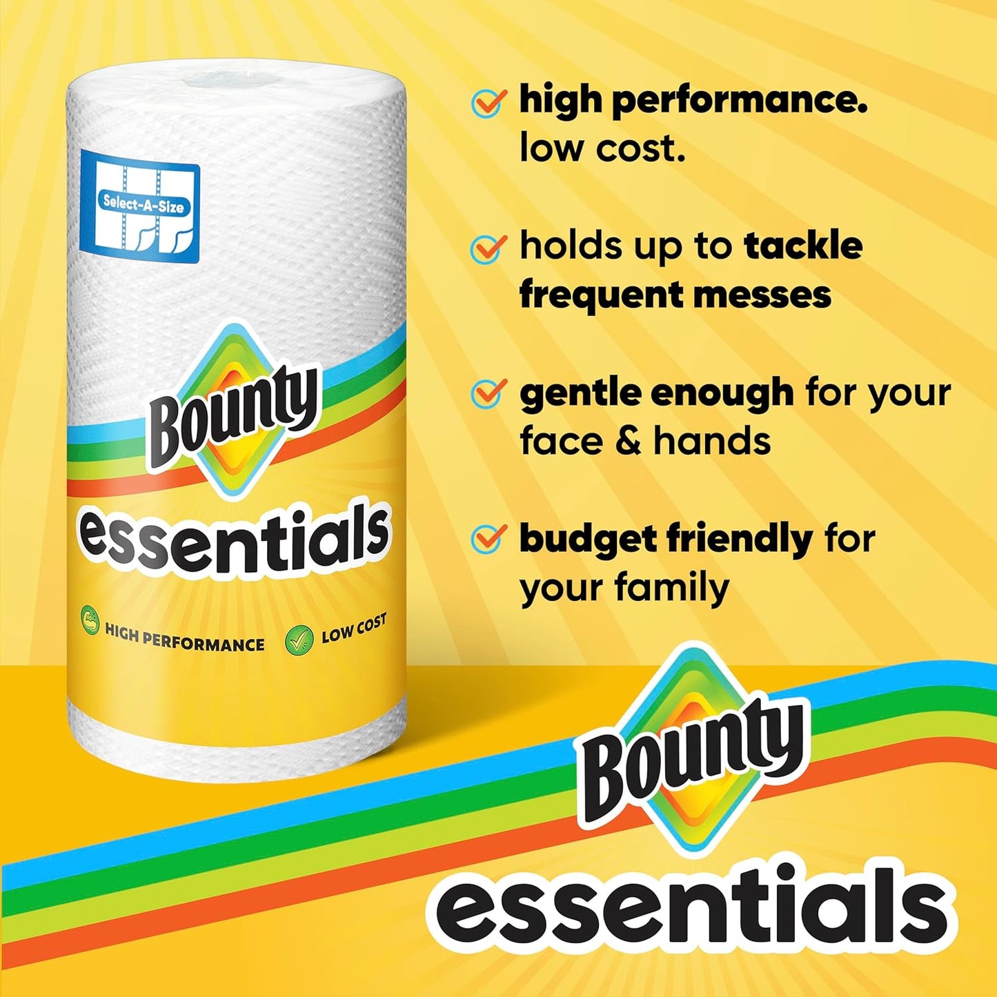 Bounty essentials paper towels on a yellow background with brand logo and product features listed.