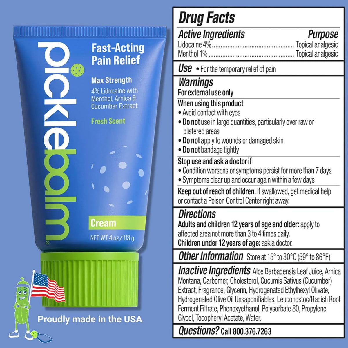 PickleBalm Crema para Alivio del Dolor Muscular, 4% Lidocaína, 4 oz