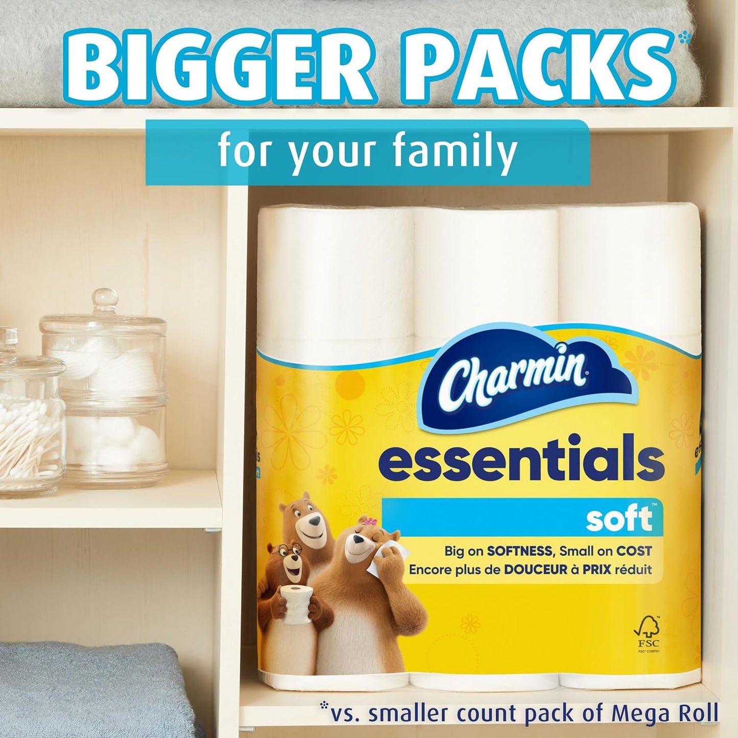 Charmin essentials soft toilet paper with cartoon bears on a shelf