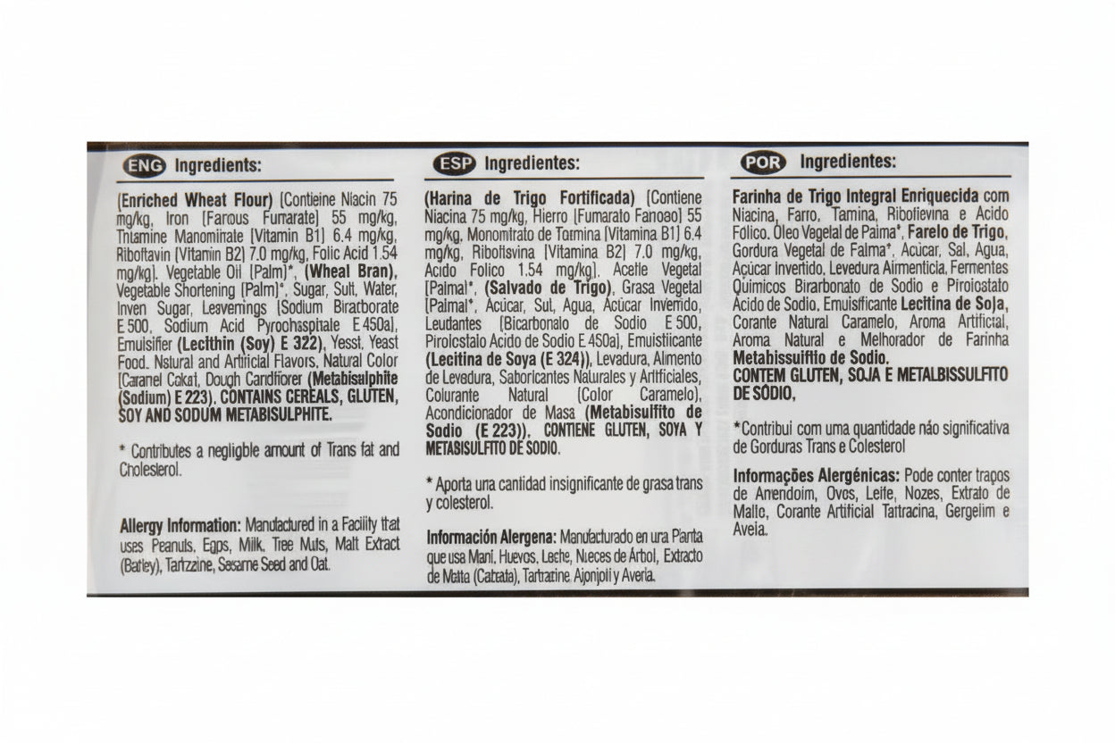 Front and back packaging label of Enio Enrobeds Trigo Integral Enriquecido with Fibras (Enio Enriched Wheat Flour) in Spanish and English, showing ingredients and allergen information on a white background.