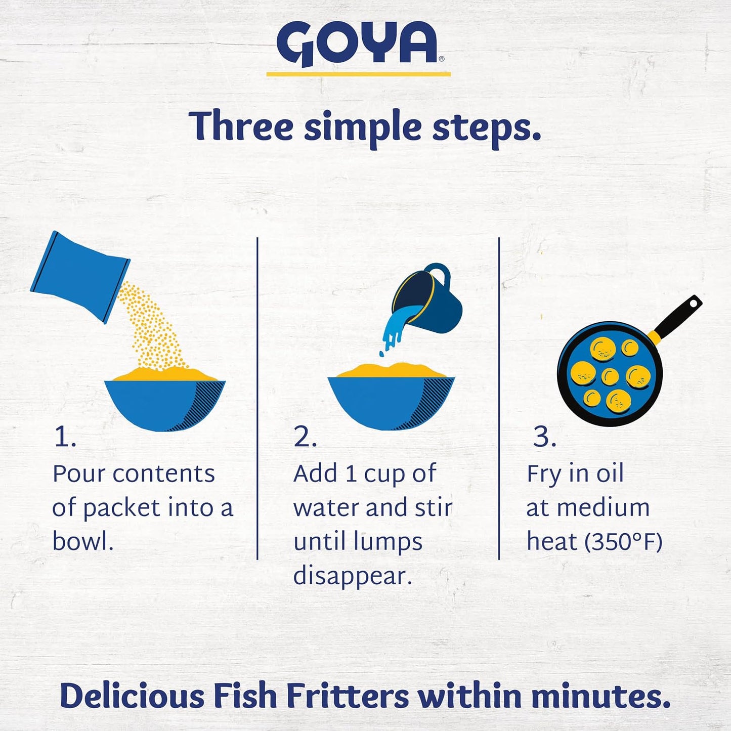 Goya Fish Fritters recipe steps on a white background