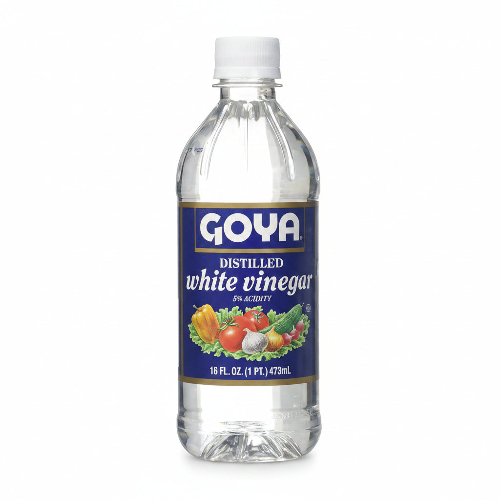 A 16 fl. oz. bottle of Goya Distilled White Vinegar with a blue label and white cap, shown against a white background.