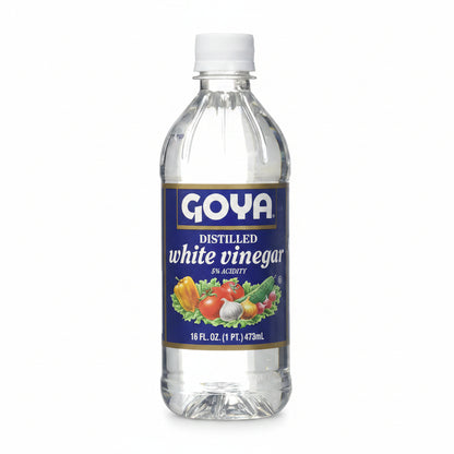 A 16 fl. oz. bottle of Goya Distilled White Vinegar with a blue label and white cap, shown against a white background.