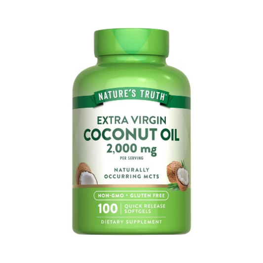 Frasco de Nature's Truth Extra Virgin Coconut Oil 2000mg con 100 cápsulas blandas.