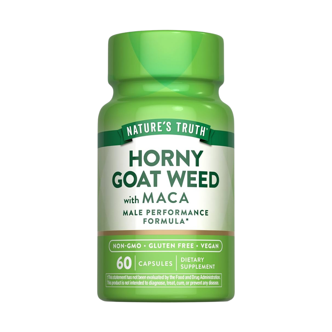 Frasco de Nature's Truth Horny Goat Weed con Maca suplemento para hombre 60 cápsulas.