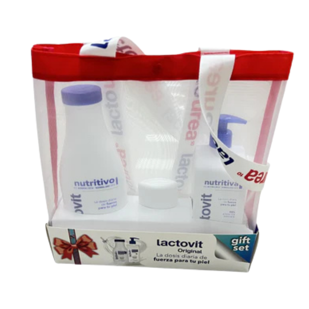 Set de regalo Lactovit Original con productos para el cuidado de la piel en bolso transparente.