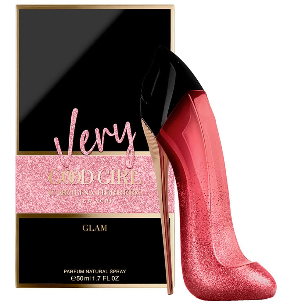 Carolina Herrera Good Girl Glam perfume bottle shaped like a high-heeled shoe, shown next to its black and pink packaging box on a white background.