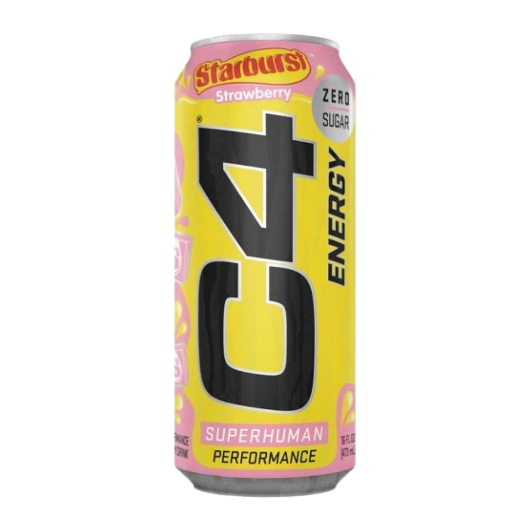 Lata amarilla y rosa de bebida energética C4 con sabor Strawberry Starburst.
