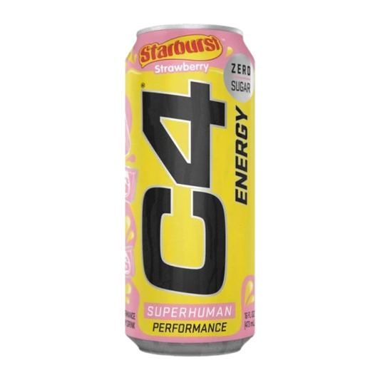 Lata amarilla y rosa de bebida energética C4 con sabor Strawberry Starburst.