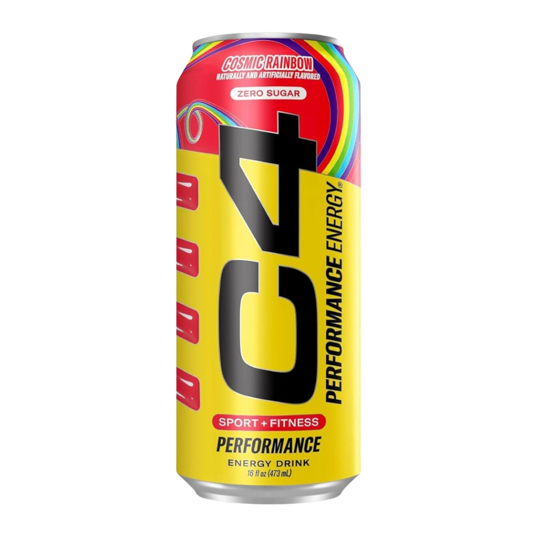 Lata de C4 Performance Energy sabor Cosmic Rainbow con diseño colorido.