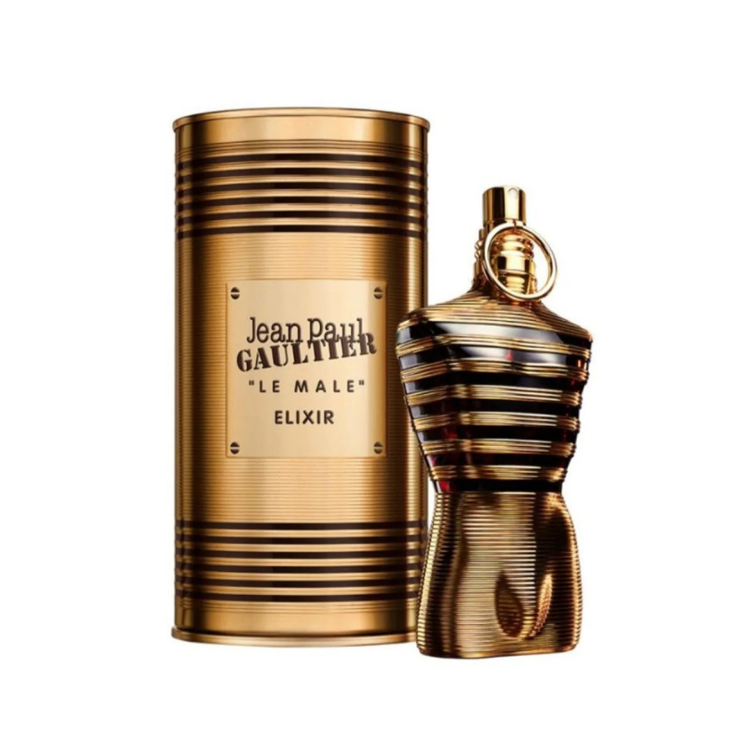 Perfume Jean Paul Gaultier Le Male Elixir en frasco con forma de torso dorado.