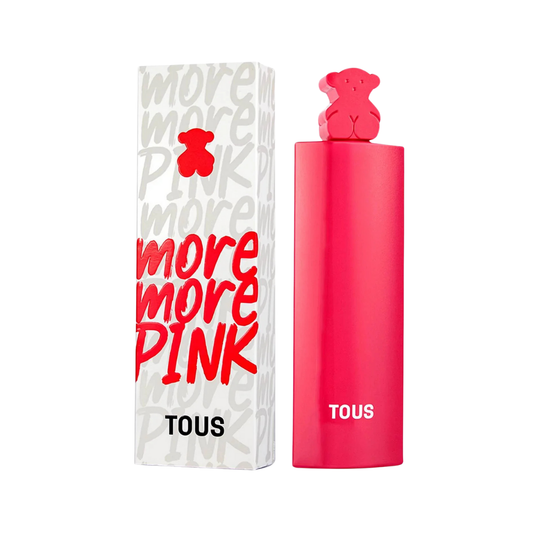 Perfume TOUS More More Pink en botella fucsia con tapa de oso y caja decorada.