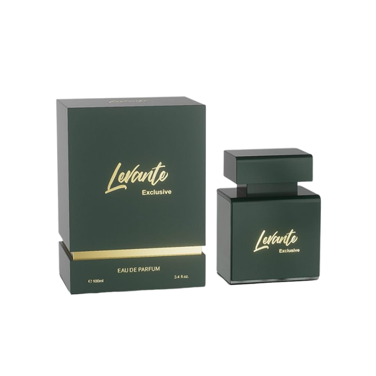 Perfume Jo Milano Levante Exclusive en frasco verde oscuro con letras doradas y caja a juego.