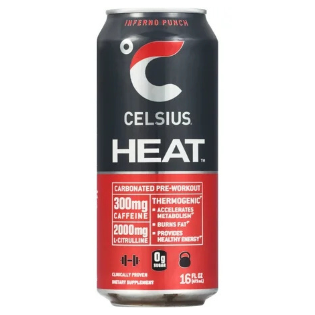 Bebida energética Celsius Heat Inferno Punch 16oz sabor ponche de frutas.