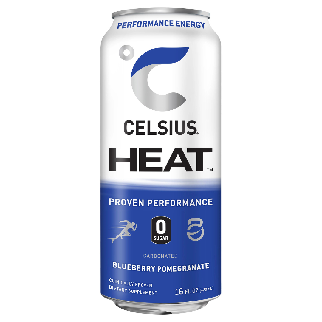 Lata azul de Celsius Heat Blueberry Pomegranate 16oz para pre-entrenamiento.