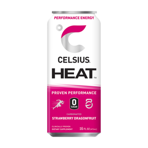 Bebida energética Celsius Heat Strawberry Dragonfruit de 16oz sin azúcar.