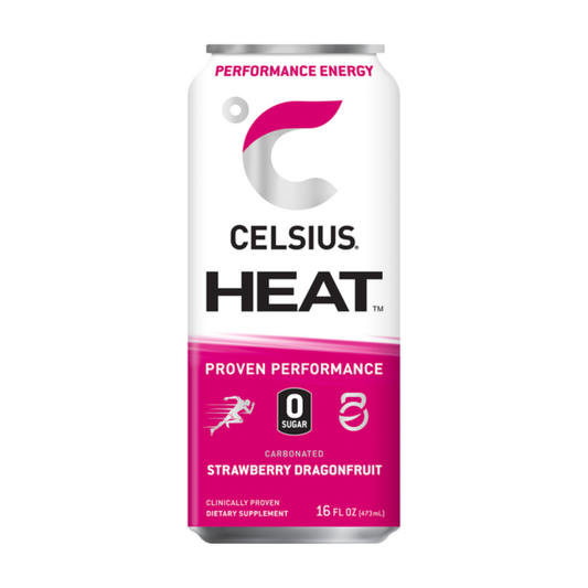 Bebida energética Celsius Heat Strawberry Dragonfruit de 16oz sin azúcar.