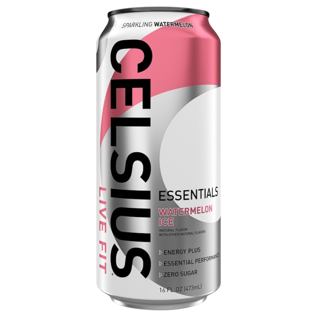 Lata Celsius Essentials Watermelon Ice 16oz sabor sandía helada con cafeína.