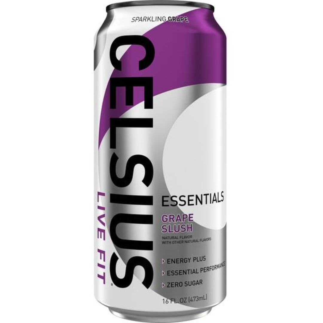 Lata morada de Celsius Essentials Grape Slush 16oz sabor granizado de uva.