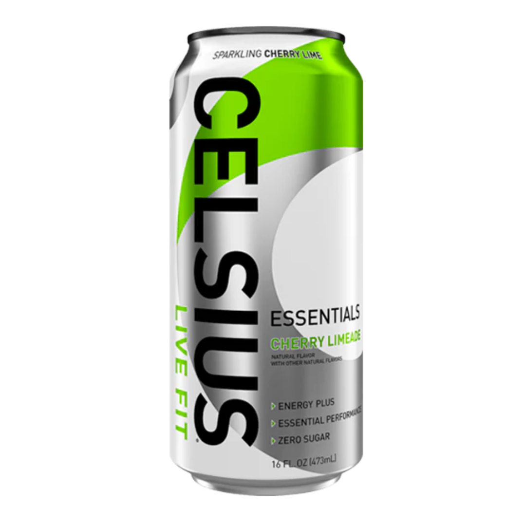 Lata Celsius Essentials Cherry Limeade 16oz sabor cereza y lima con electrolitos.